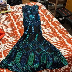 Stunning Black and Teal Sequin Gown